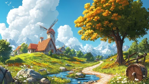 Rural windmill landscape with mountains and large tree.