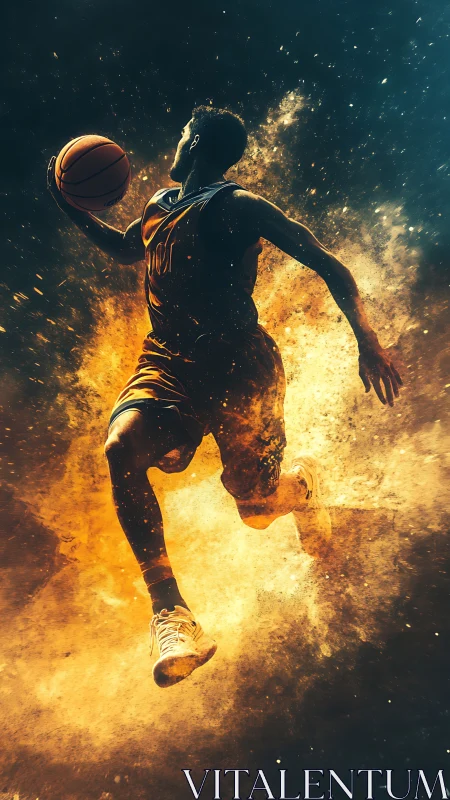 Dynamic basketball player in explosive dust and light burst