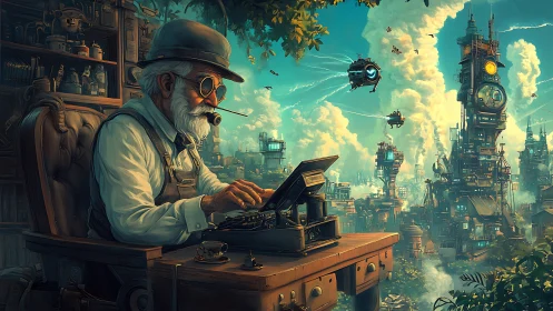 Elderly steampunk writer at typewriter in retrofuturist sky city