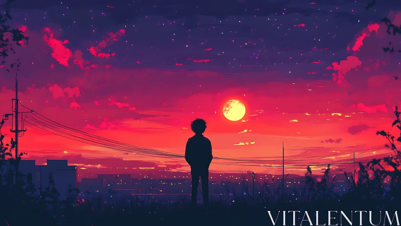 Solitary figure gazes at neon sunset sky over silent cityscape.