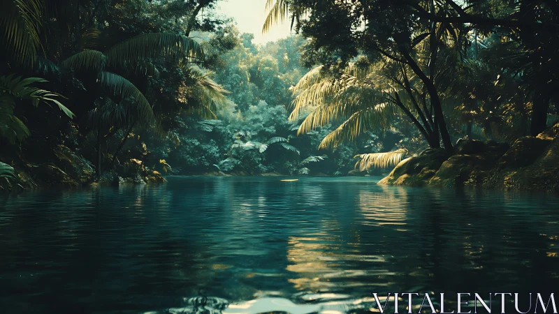 Tropical River with Overhanging Vegetation and Reflected Sunlight.