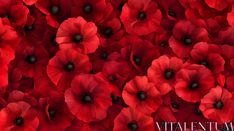 Densely arranged red poppies with dark centers and textured petals.