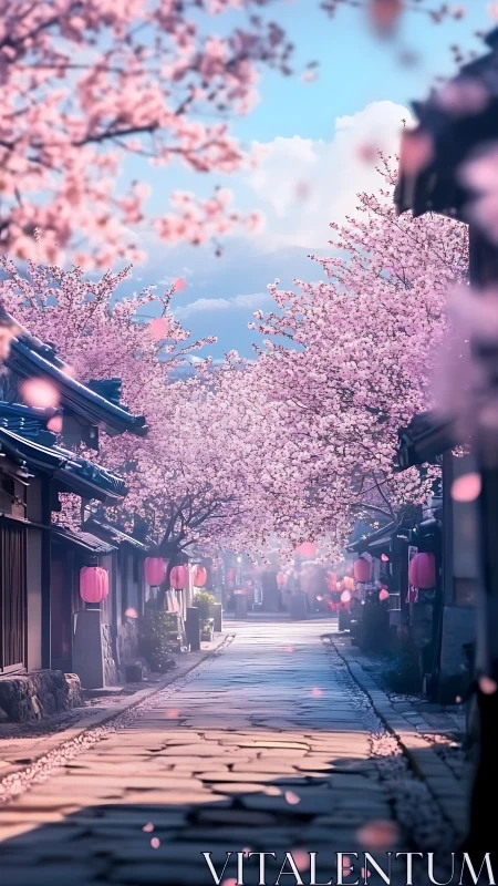 Lantern kissed lane under a drifting cherry blossom blizzard.
