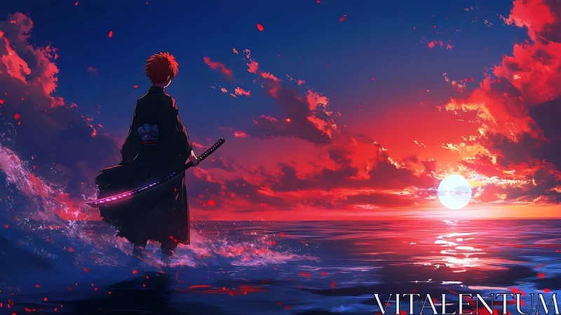 Samurai stands in glowing ocean at vivid red sunset.