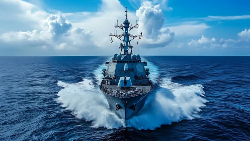 Warship cuts open ocean under vivid midday blue sky.