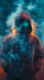 Hooded figure in neon smoke with glowing cyber visor.