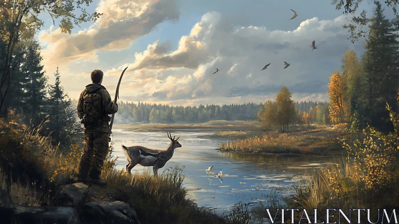 Hunter with bow observes autumn wetland under volumetric clouds