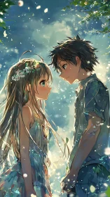 Summer backlit anime couple under bokeh-filled forest canopy