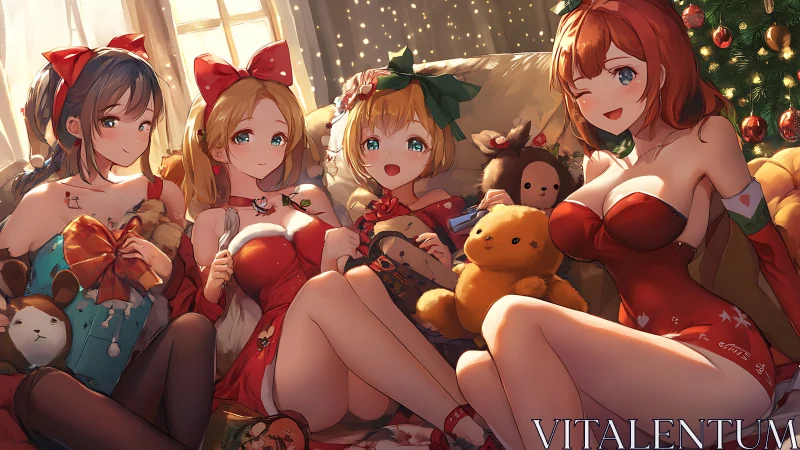 Anime girls share cozy Christmas gifts by tree glow.