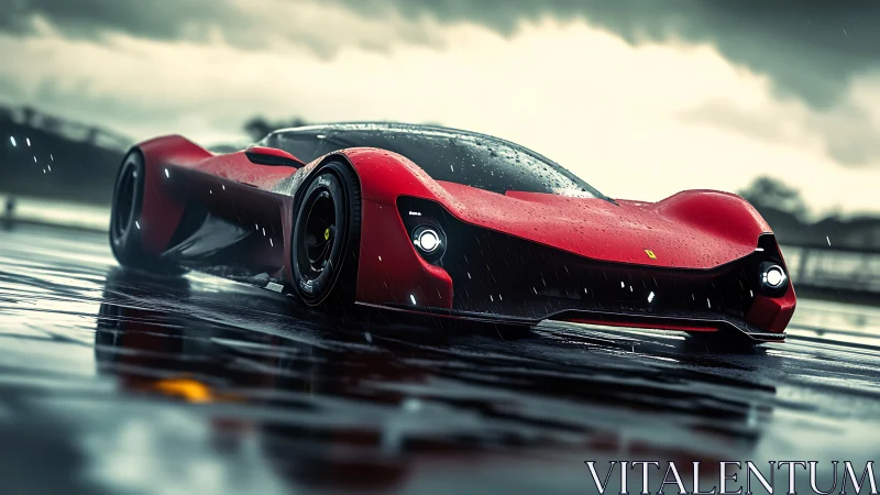 Red hypercar concept on wet racetrack under stormy sky.