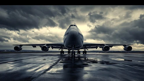 Widebody jet airliner on wet runway under storm clouds.