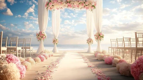 Romantic beach wedding aisle glowing in soft sunset light.