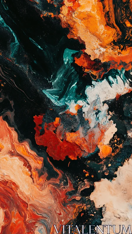 Abstract fluid composition with red, orange and teal forms.