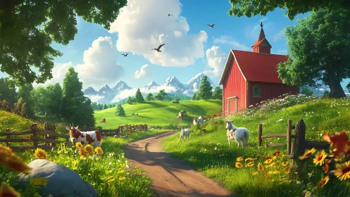 Sunlit pastoral farm valley with stylized animals and red barn