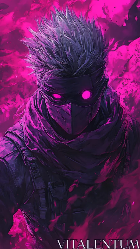 Masked cyber assassin stands in neon magenta particle storm