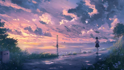 Littoral dusk panorama with solitary figure and stratified clouds.