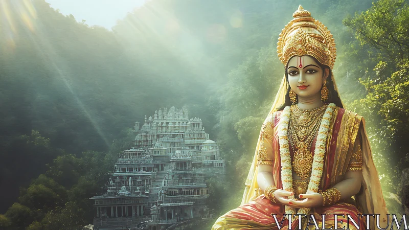 Hindu goddess statue before hillside temple complex. Period.