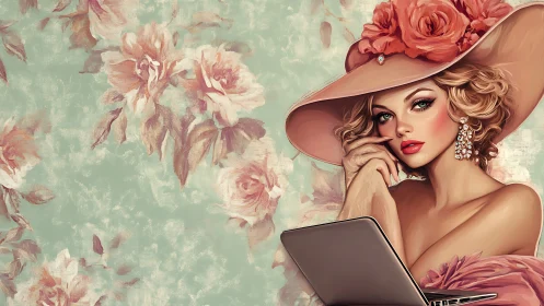 Woman in wide hat using laptop against floral background