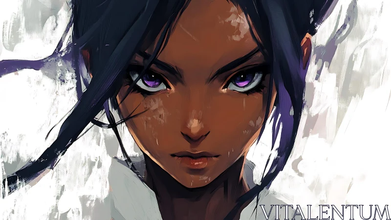 Fierce purple-eyed heroine in bold digital portrait.