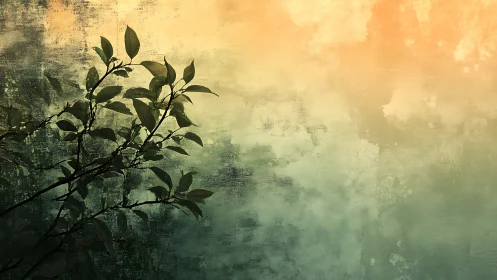 Silhouetted branch intersects textured bokeh gradient backdrop