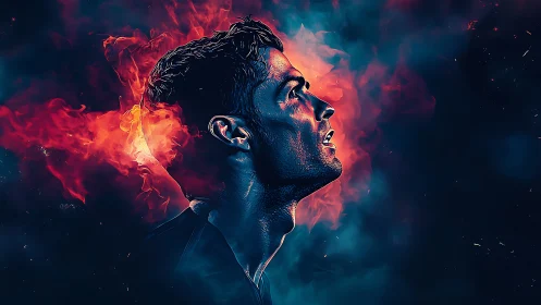 Intense male profile portrait with fiery smoke backdrop.