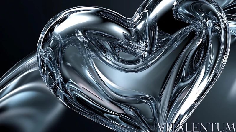 Abstract glass heart in metallic silver tones, digital artwork.