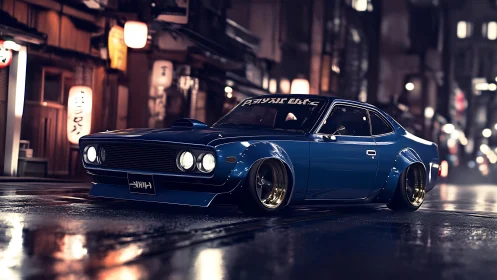 Widebody retro coupe on wet neon-lit Tokyo backstreet at night