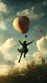 Child reaching toward heart balloon over wildflower field.