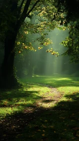 Sunlit Forest Path Through Dense Canopy with Golden Leaf Accents.