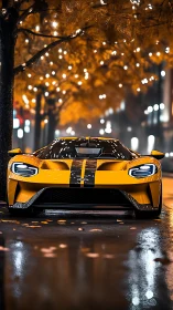 Low-angle frontal view of yellow supercar under wet, reflective city lights