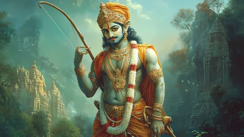 Divine archer stands before misty temple cliffs in teal haze.