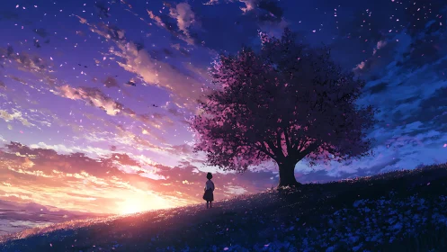 Solitary figure watches a glowing sunset beneath sakura tree