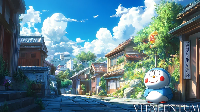 Cute robot character in sunny traditional Japanese street