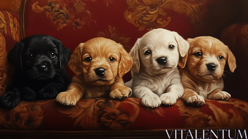 High-detail portrait of four puppies on ornate red velvet sofa