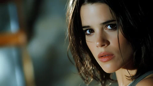 Intense close-up portrait captures a young woman’s wary gaze