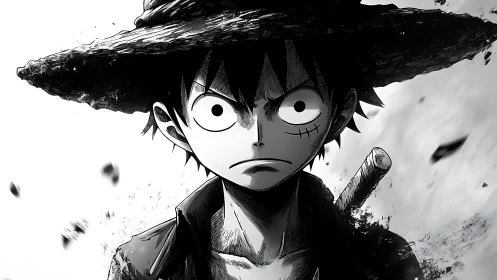 Straw hat swordsman glares forward in stark monochrome storm