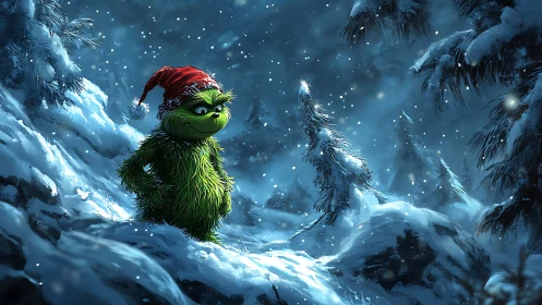 Green furry character in snowy conifer forest at night.
