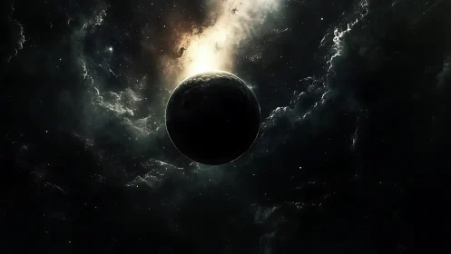 Shadowed world drifts through a storm of cosmic ghostlight