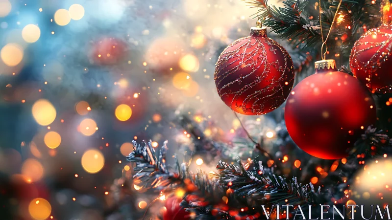 Red baubles on decorated Christmas tree with defocused lights.
