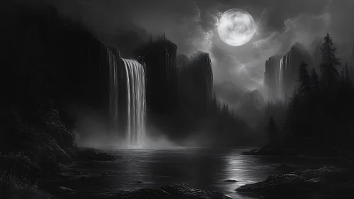 Moonlit waterfalls pour into a quiet misty valley tonight