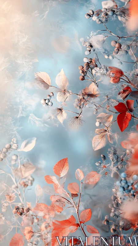 Frosted autumn berries and leaves in soft pastel bokeh field
