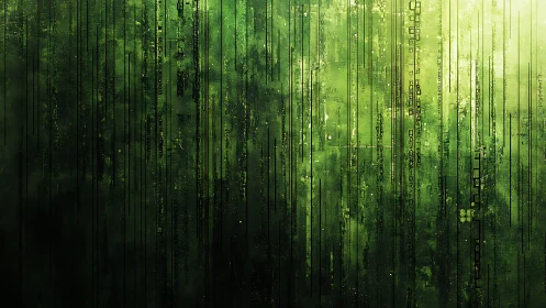 Cyberpunk data rain matrix with vertical circuit strata design.