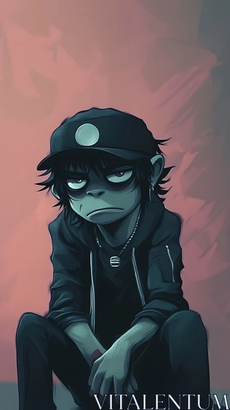 Brooding stylized character in hoodie against muted backdrop.