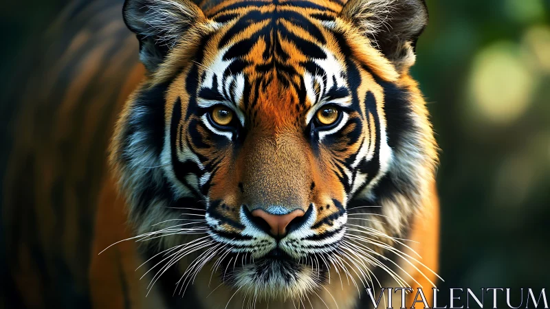 Tiger faces camera with detailed fur, whiskers and gaze