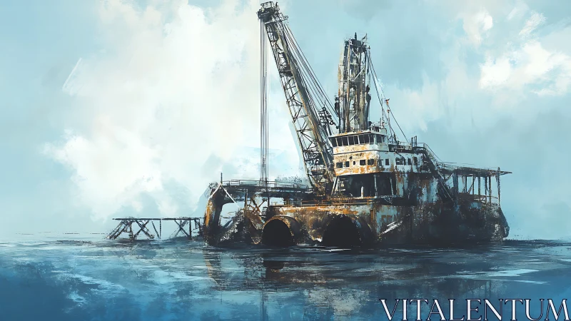 Rusting offshore dredger rests silent on a hazy blue sea