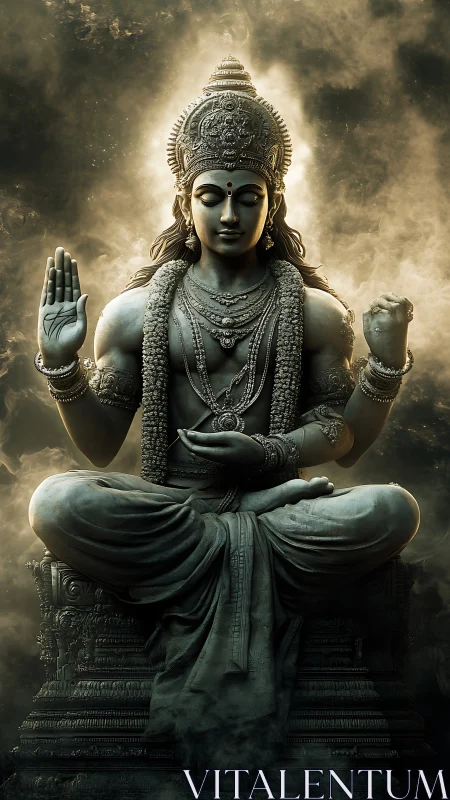 Radiant stone deity in swirling aureate meditative haze.