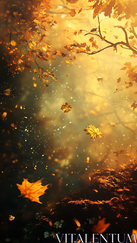 Golden autumn leaves falling through warm forest light.