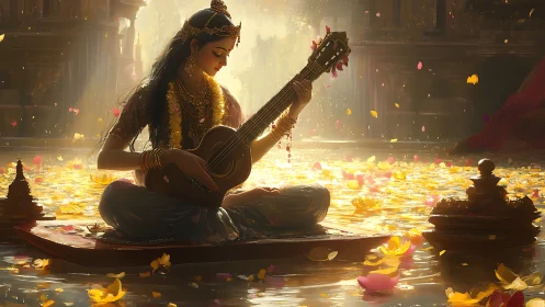 Gilded river muse strumming serenity on floating petals.