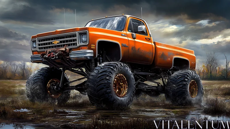 Mud-soaked lifted pickup dominating stormy wetland terrain.