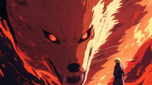 Large red fox-like entity confronts small human figure calmly